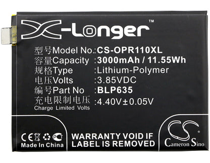 3.85V, 3000mAh, Li-Polymer Battery fits Oppo, R11, 11.55Wh