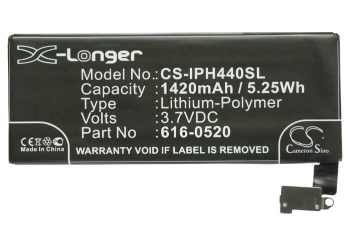 3.7V, 1420mAh, Li-Polymer Battery fits Apple, Iphone 4g, Iphone 4g 16gb, 5.254Wh