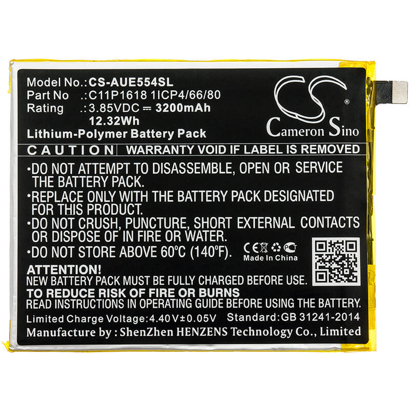 3.85V, 3200mAh, Li-Polymer Battery fits Asus, Ze554kl, Zenfone 4, 12.32Wh