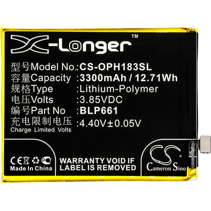 3.85V, 3300mAh, Li-Polymer Battery fits Oppo, A3, A3 Dual Sim, 12.705Wh