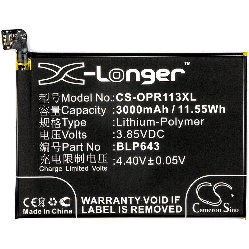 3.85V, 3000mAh, Li-Polymer Battery fits Oppo, Cph1719, R11s, 11.55Wh