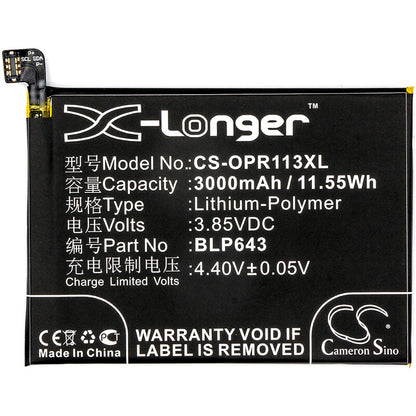 3.85V, 3000mAh, Li-Polymer Battery fits Oppo, Cph1719, R11s, 11.55Wh