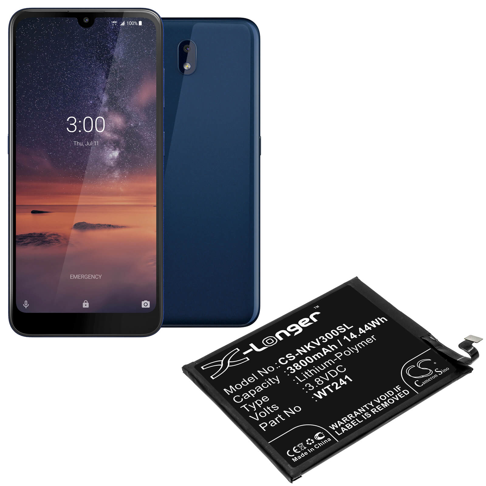 3.8V, 3800mAh, Li-Polymer Battery fits Nokia, 3 V, Ta-1153, 14.44Wh