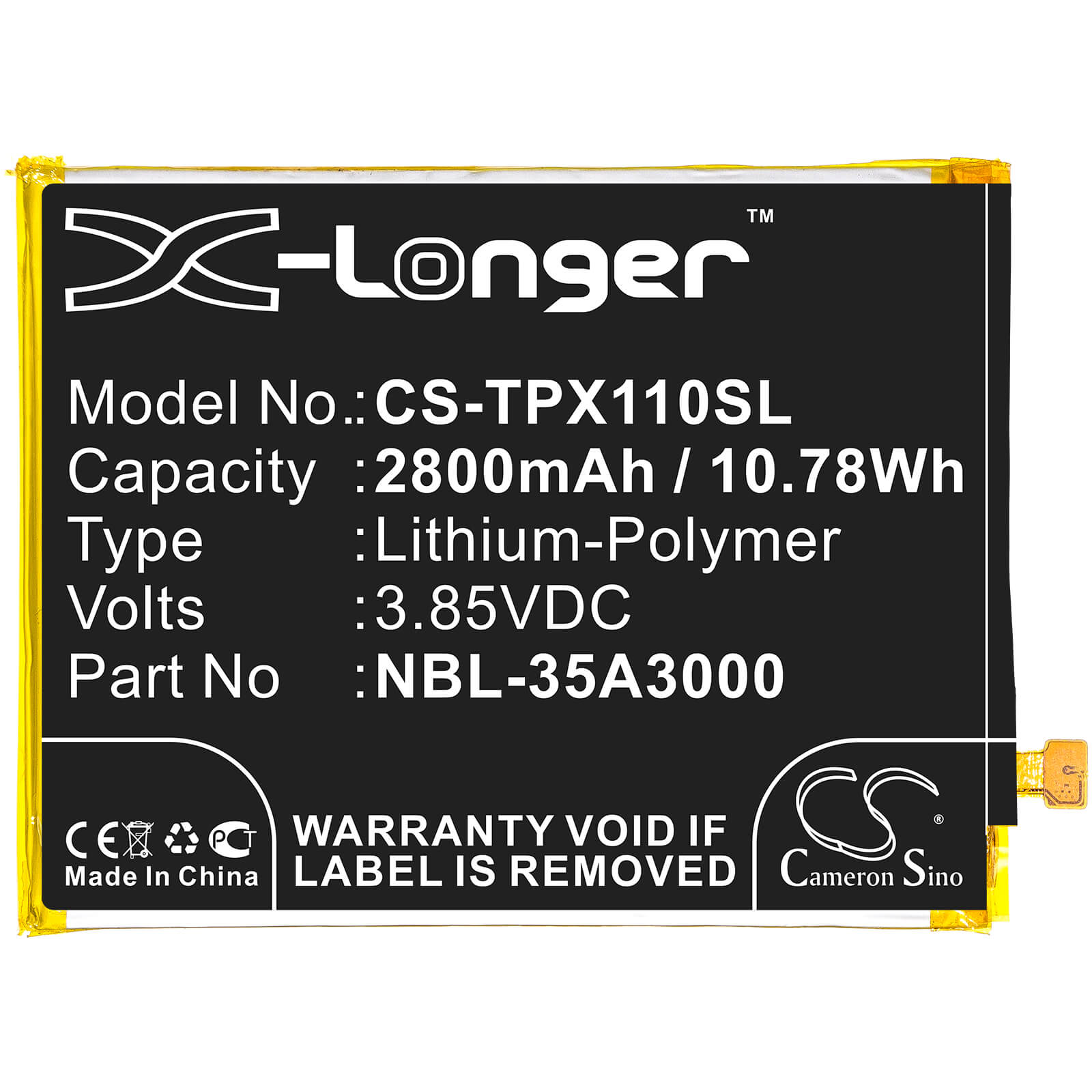 3.85V, 2800mAh, Li-Polymer Battery fits Neffos, Tp903a, X1 Max, 10.78Wh