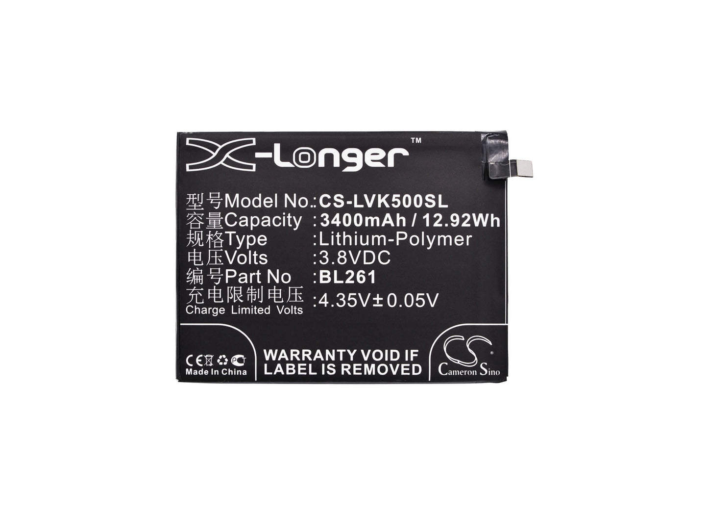 3.8V, 3400mAh, Li-Polymer Battery fits Lenovo, A7020a48, K5 Note, 12.92Wh