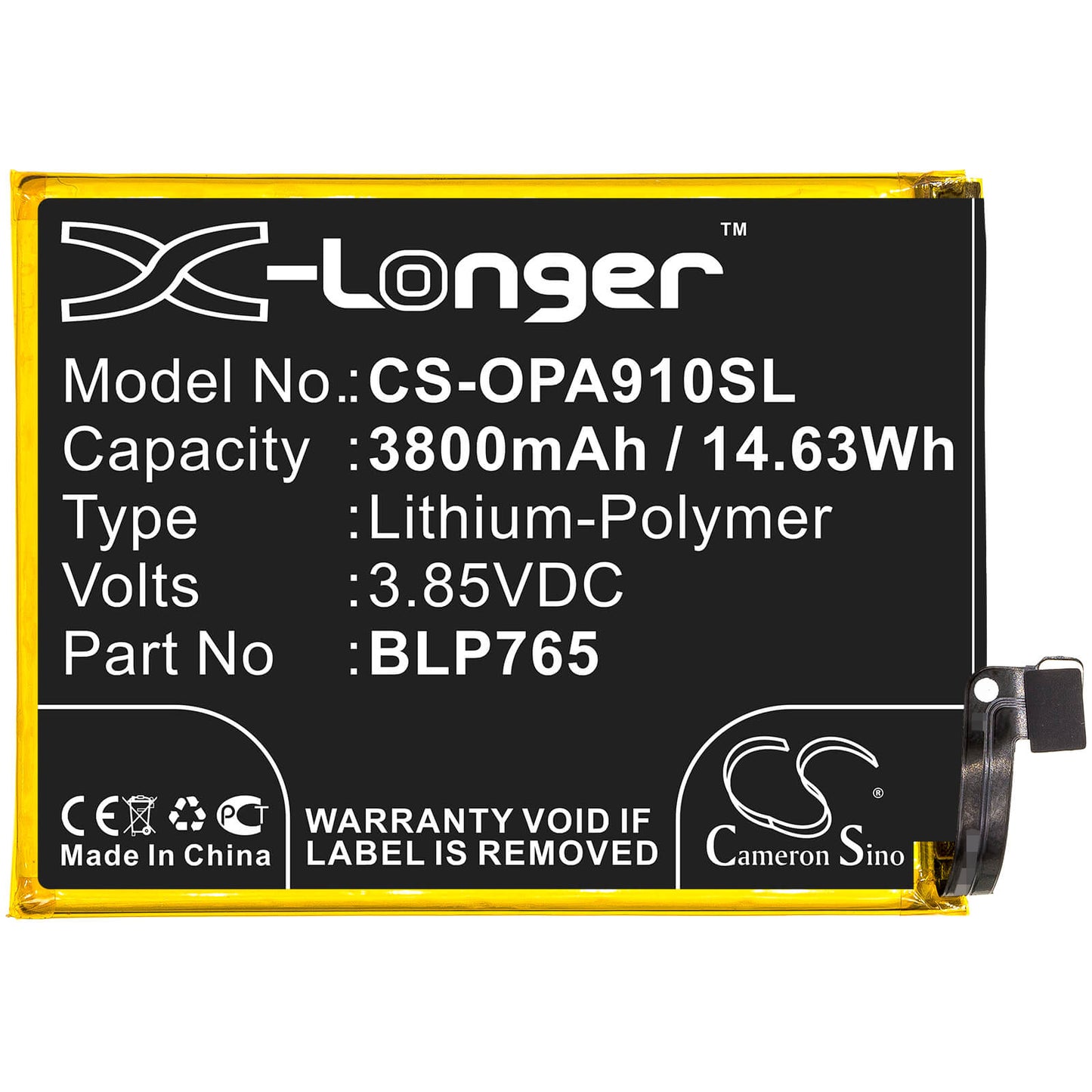 3.85V, 3800mAh, Li-Polymer Battery fits Oppo, A91, Cph2001, 14.63Wh