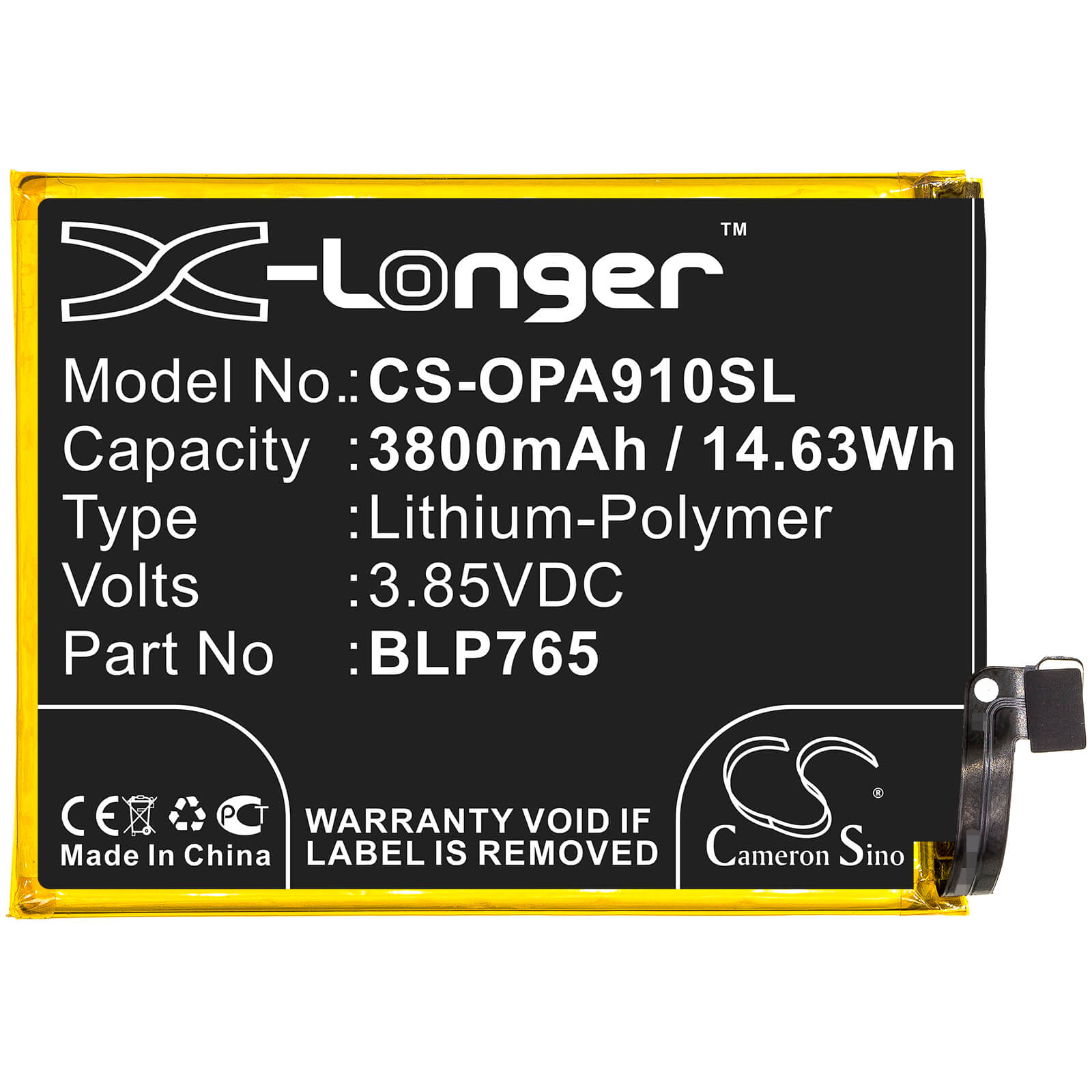 3.85V, 3800mAh, Li-Polymer Battery fits Oppo, A91, Cph2001, 14.63Wh
