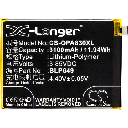 3.85V, 3100mAh, Li-Polymer Battery fits Oppo, A1 Dual Sim, A1 Dual Sim Td-lte, 11.935Wh