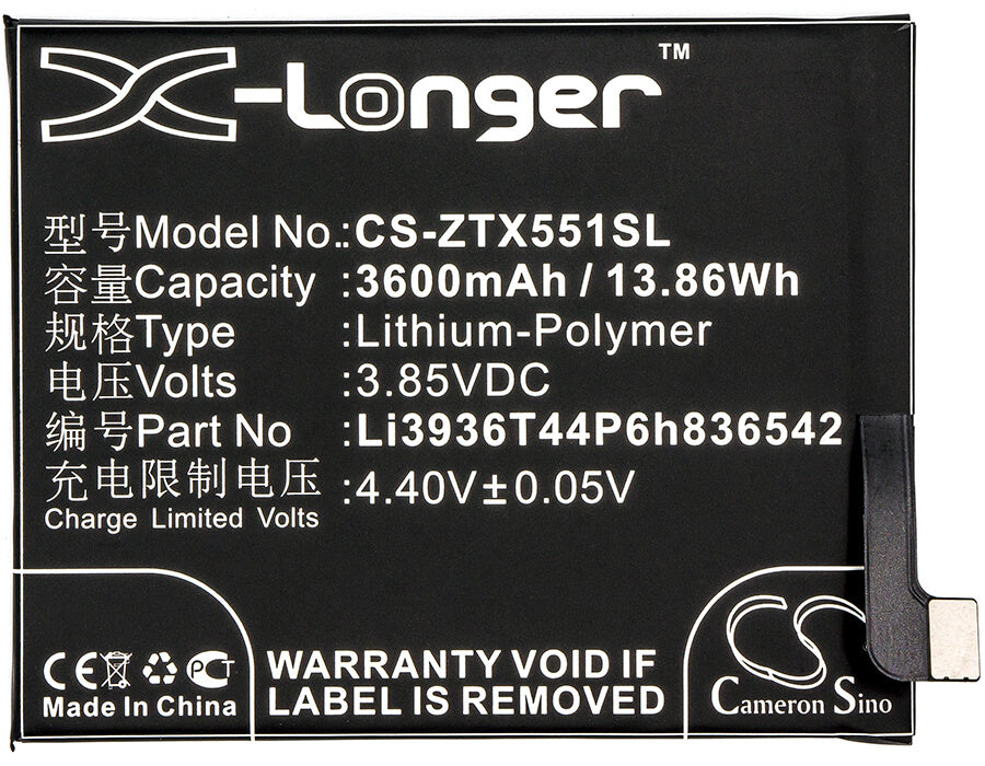 3.85V, 3600mAh, Li-Polymer Battery fits Zte, Nubia M2, Nubia M2 Dual Sim, 13.86Wh