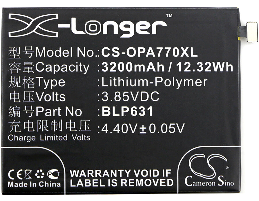 3.85V, 3200mAh, Li-Polymer Battery fits Oppo, A73, A73 Dual Sim, 12.32Wh