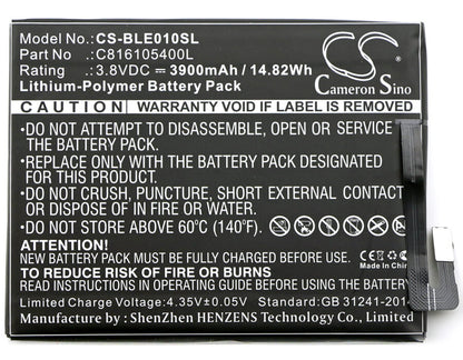 3.8V, 3900mAh, Li-Polymer Battery fits Blu, E010q, Energy X, 14.82Wh