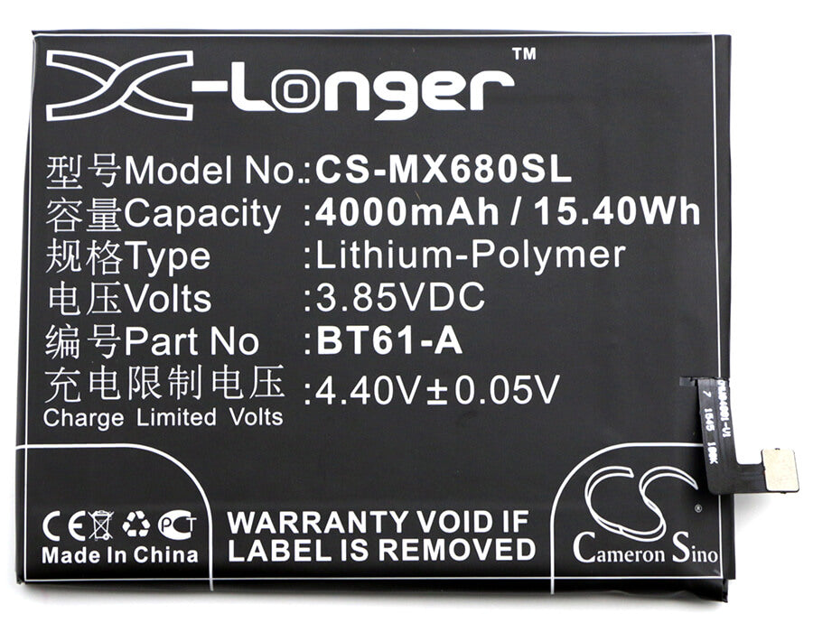 3.85V, 4000mAh, Li-Polymer Battery fits Meilan, Note 3, 15.4Wh