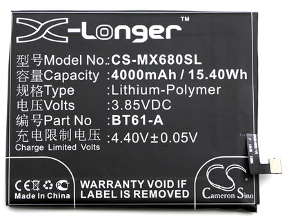3.85V, 4000mAh, Li-Polymer Battery fits Meilan, Note 3, 15.4Wh