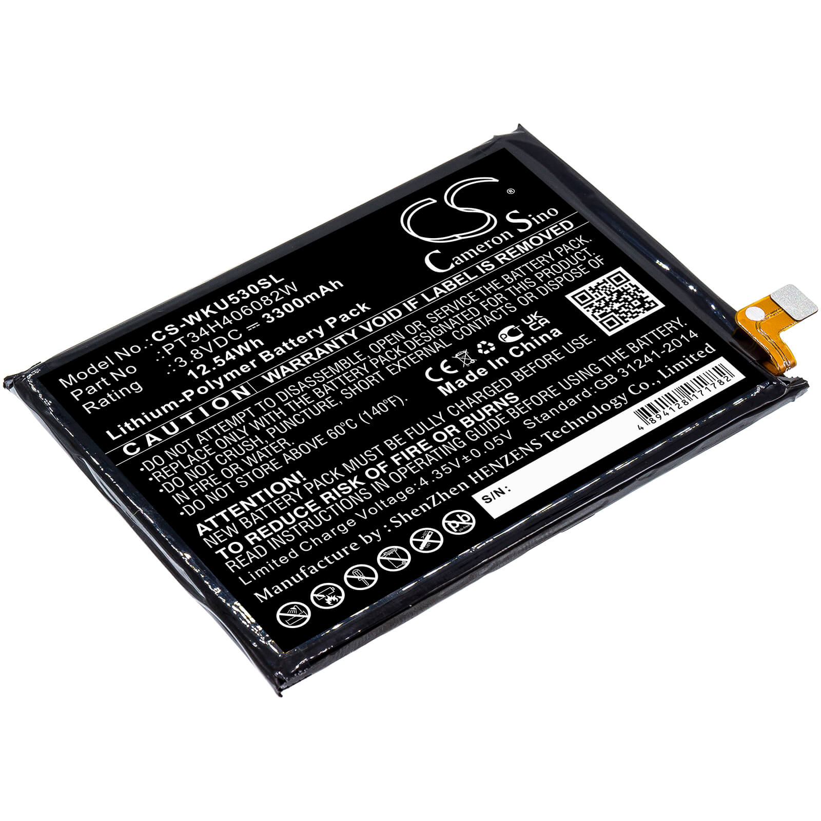 3.8V, 3300mAh, Li-Polymer Battery fits Wiko, Ride 3, 12.54Wh