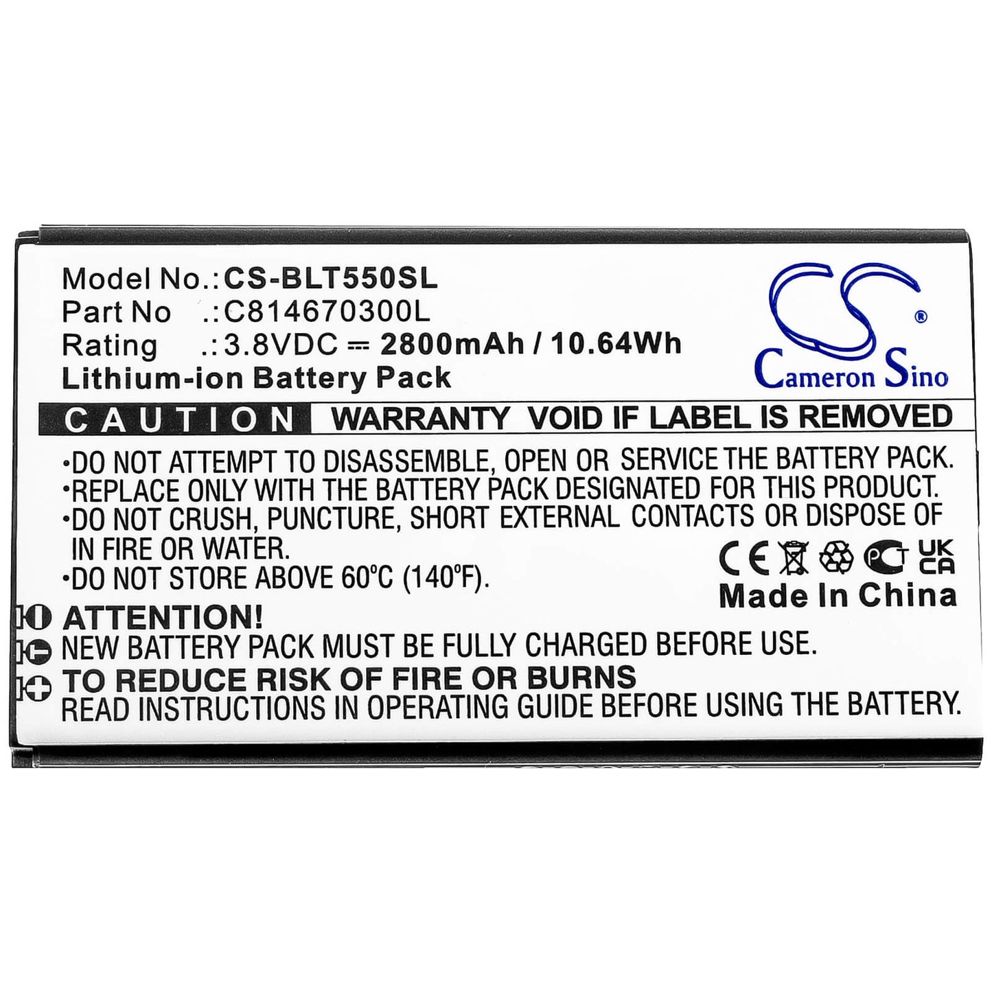 3.8V, 2800mAh, Li-ion Battery fits Blu, T550, Tank 2.4 Torch, 10.64Wh