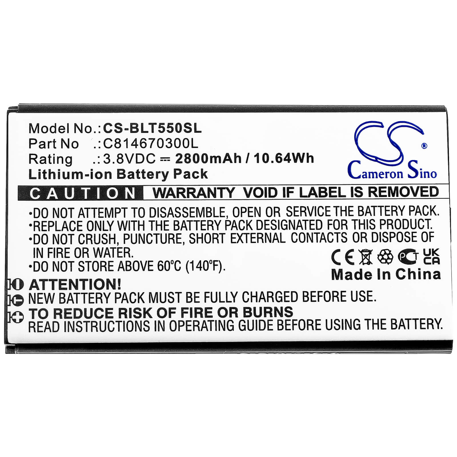 3.8V, 2800mAh, Li-ion Battery fits Blu, T550, Tank 2.4 Torch, 10.64Wh