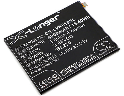 3.85V, 4000mAh, Li-Polymer Battery fits Lenovo, K6 Note (2016), Vibe K6 Plus, 15.4Wh