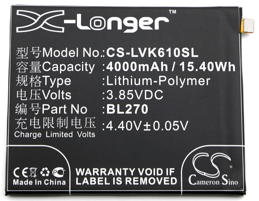3.85V, 4000mAh, Li-Polymer Battery fits Lenovo, K6 Note (2016), Vibe K6 Plus, 15.4Wh