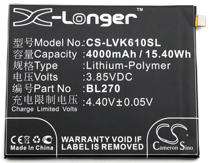 3.85V, 4000mAh, Li-Polymer Battery fits Lenovo, K6 Note (2016), Vibe K6 Plus, 15.4Wh