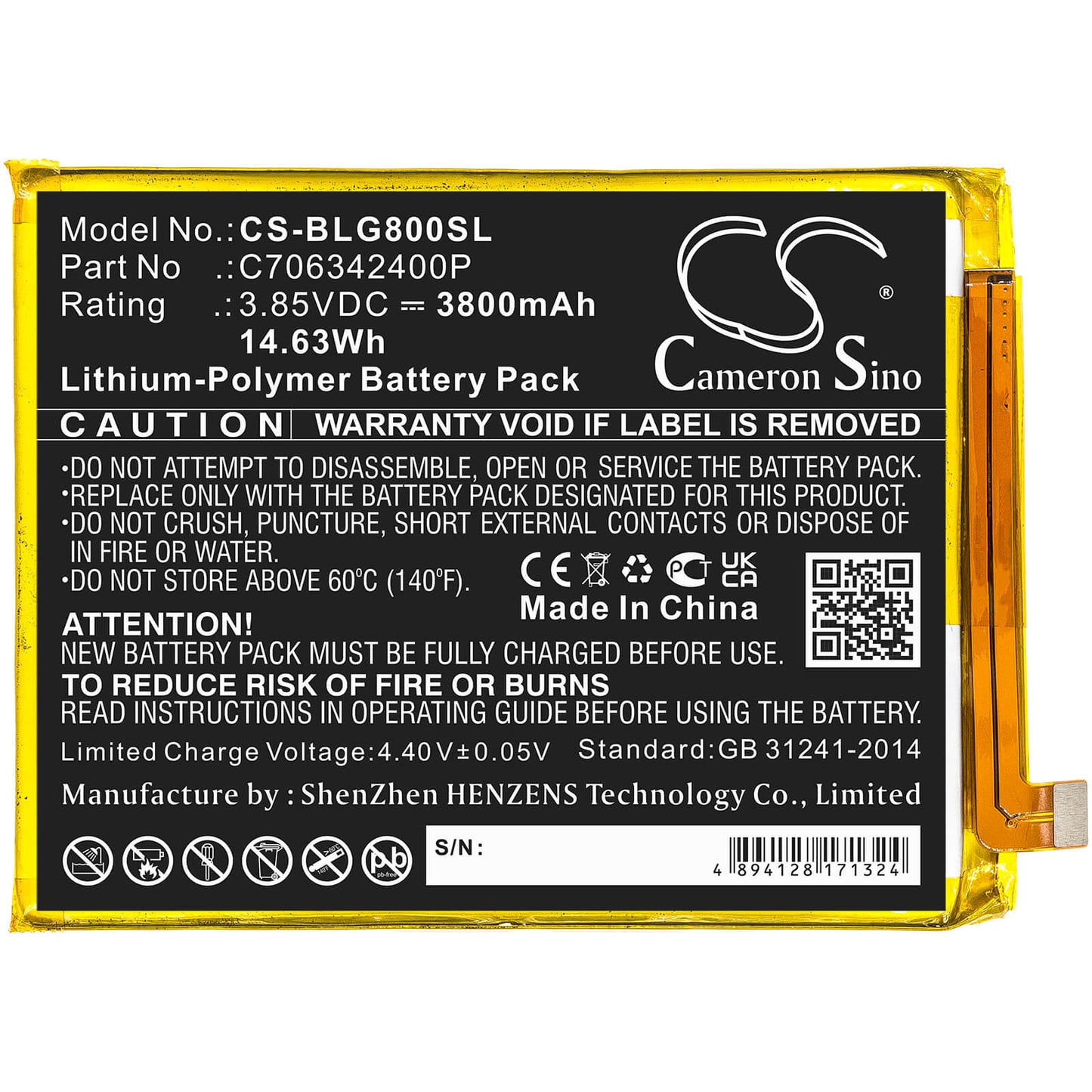 3.85V, 3800mAh, Li-Polymer Battery fits Blu, G0290ww, G80, 14.63Wh