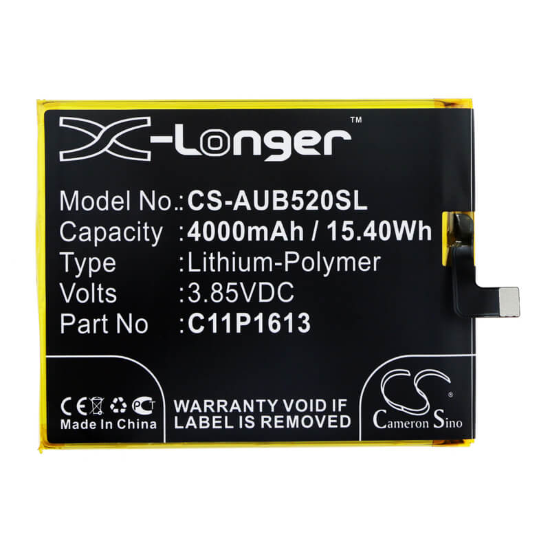 3.85V, 4000mAh, Li-Polymer Battery fits Asus, 4 Selfie Lite Dual Sim Lte, Zb520kl, 15.4Wh