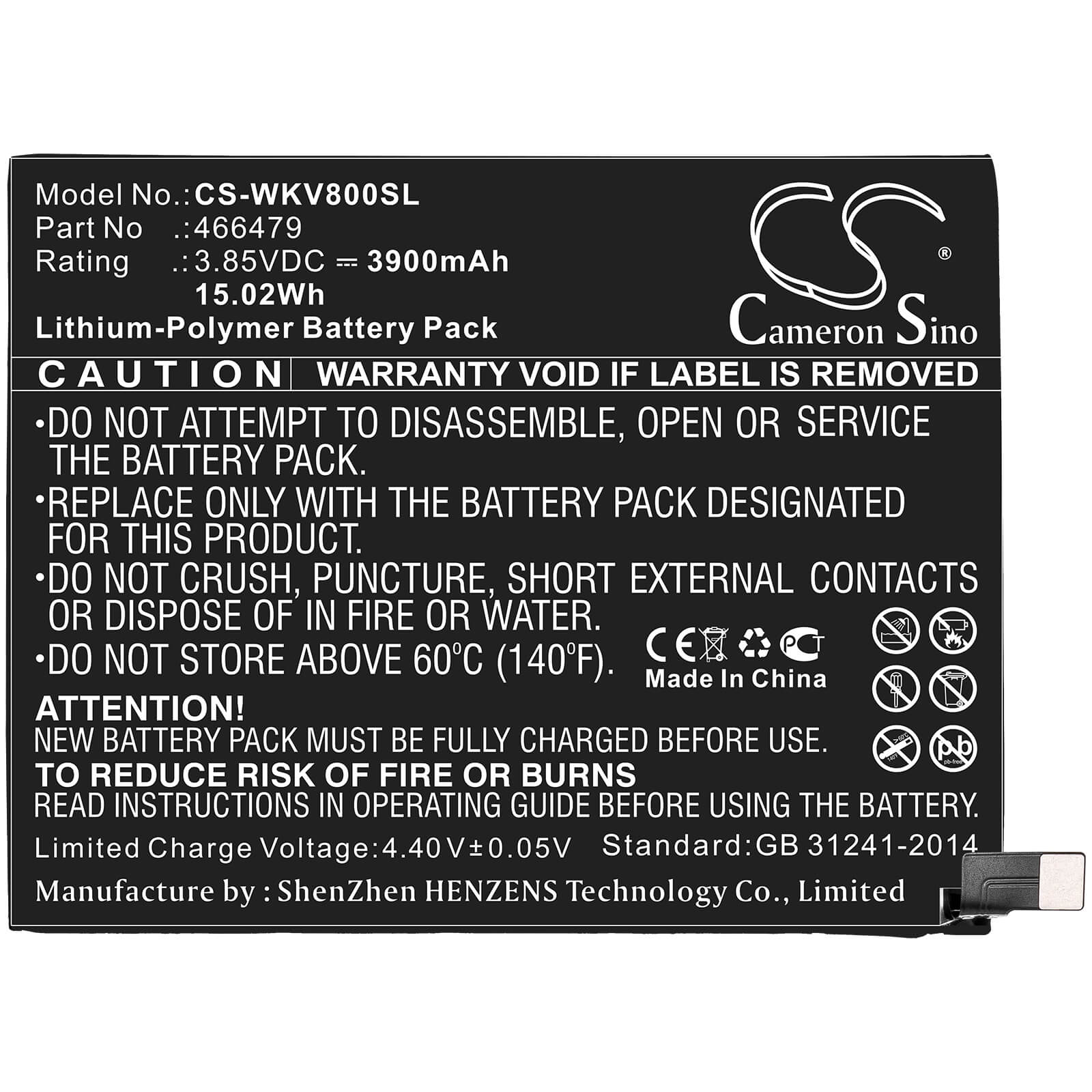 3.85V, 3900mAh, Li-Polymer Battery fits Wiko, View 3 Lite, W-v800, 15.015Wh
