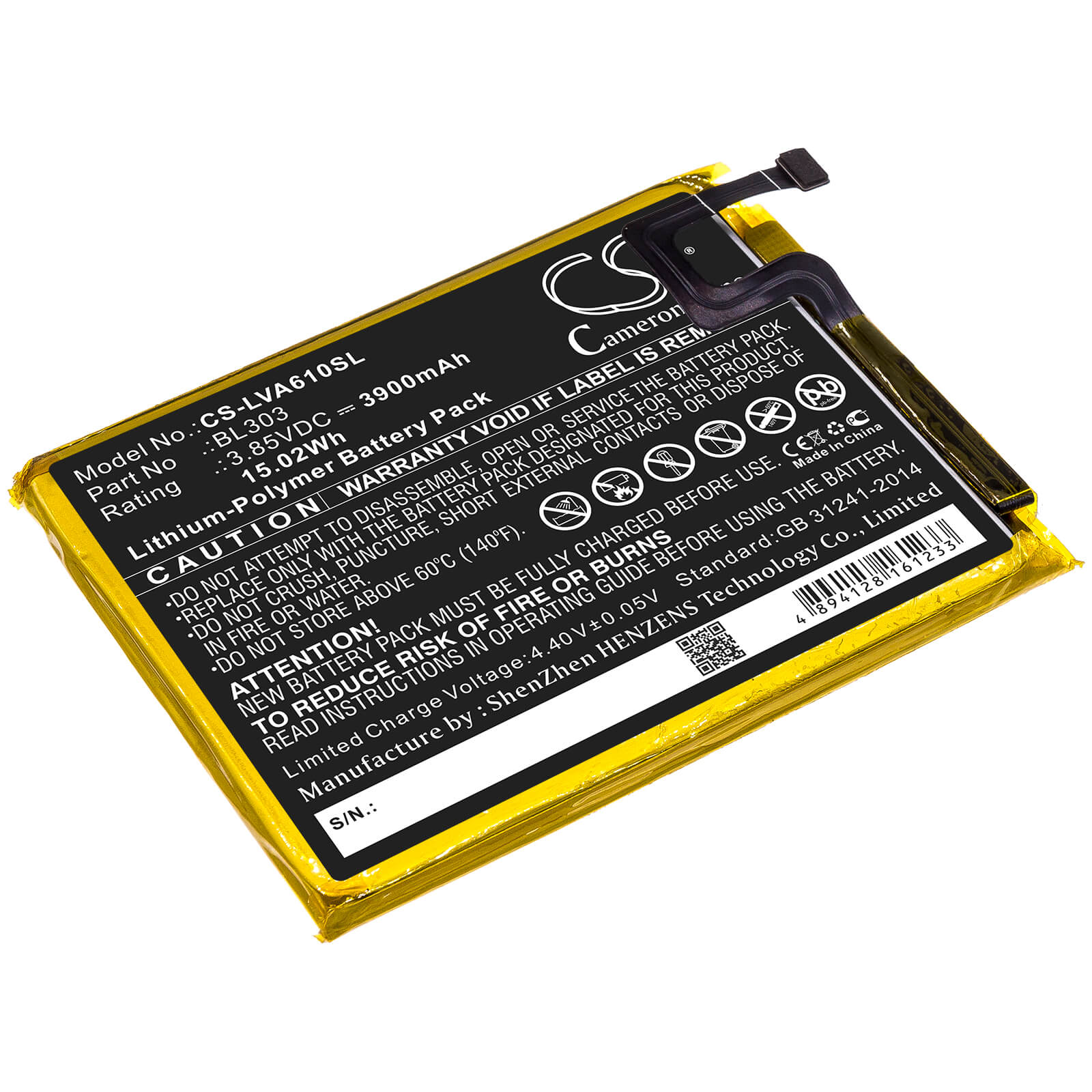 3.85V, 3900mAh, Li-Polymer Battery fits Lenovo, A6 Note, L19041, 15.015Wh