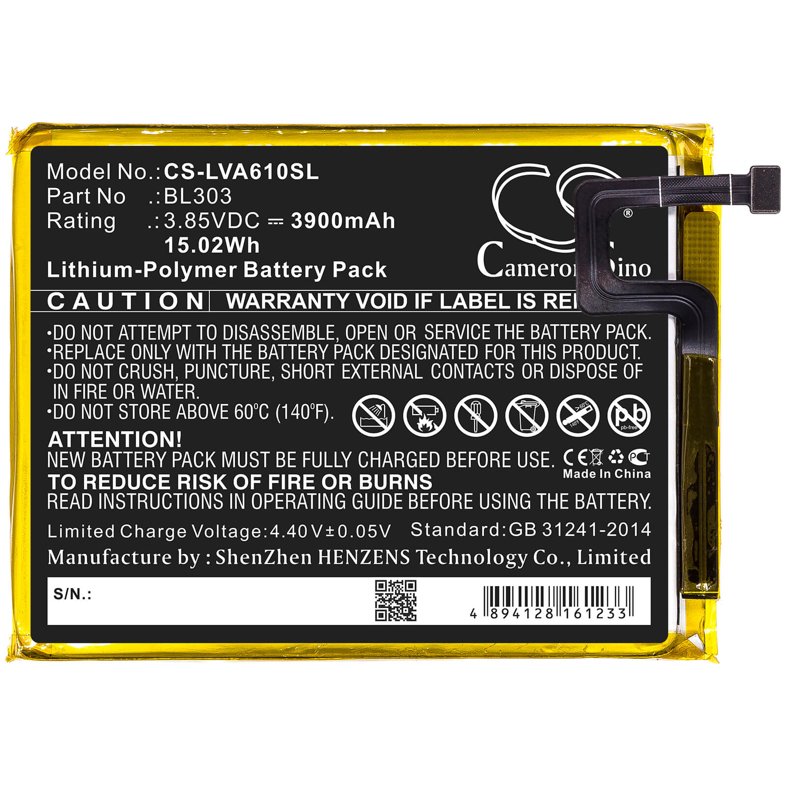 3.85V, 3900mAh, Li-Polymer Battery fits Lenovo, A6 Note, L19041, 15.015Wh