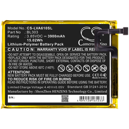 3.85V, 3900mAh, Li-Polymer Battery fits Lenovo, A6 Note, L19041, 15.015Wh