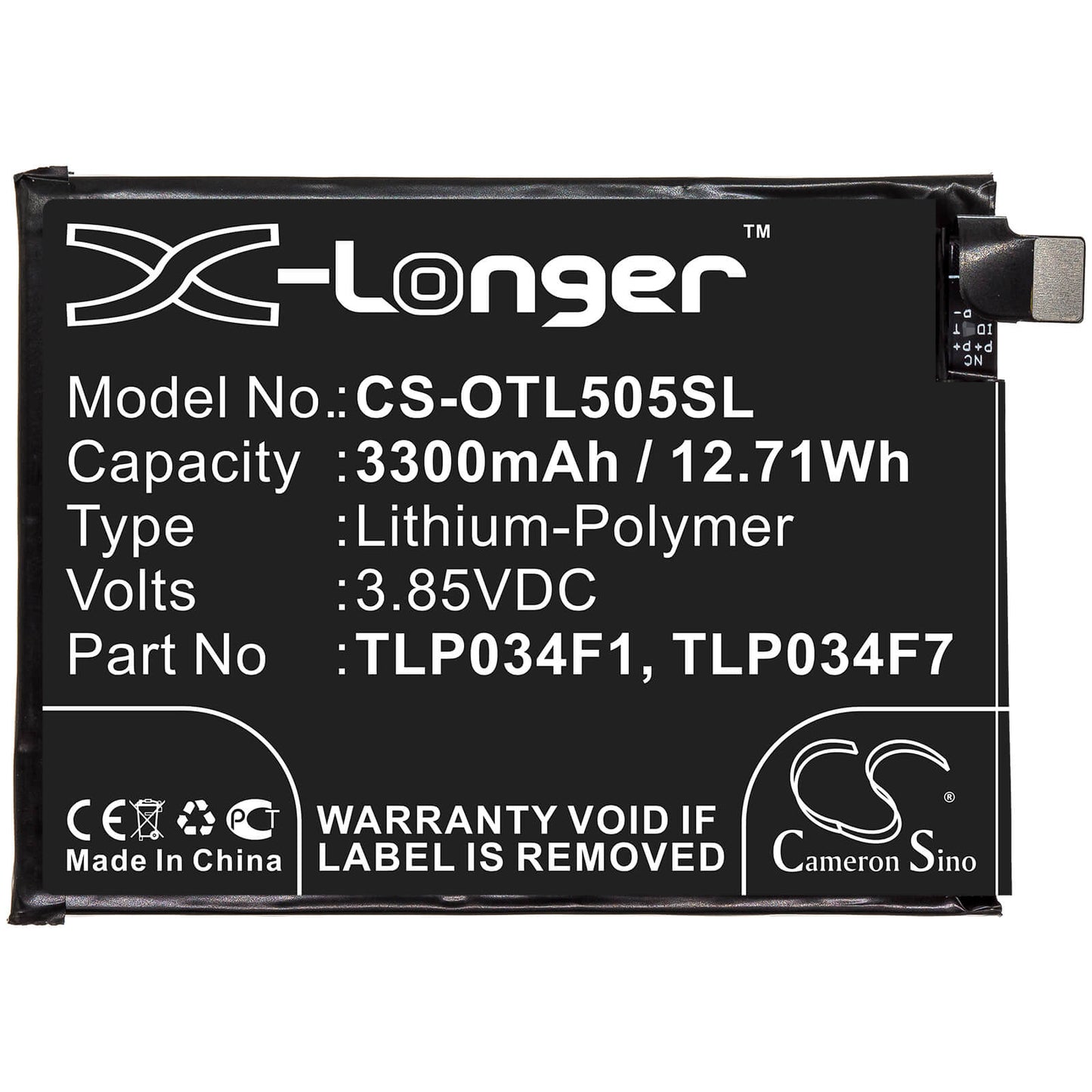 3.85V, 3300mAh, Li-Polymer Battery fits Alcatel, 5039d, 5053k, 12.705Wh