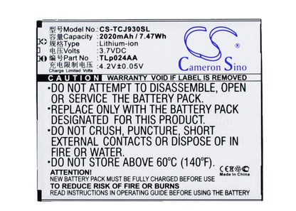 3.7V, 2020mAh, Li-ion Battery fits Tcl, J930, J930t, 7.474Wh