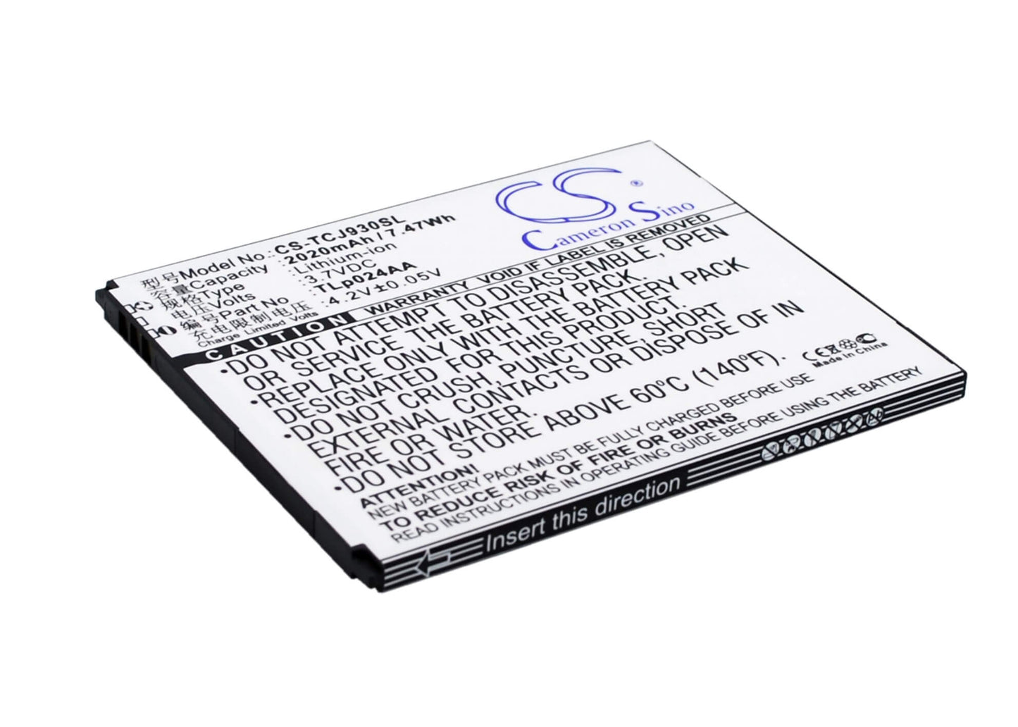 3.7V, 2020mAh, Li-ion Battery fits Tcl, J930, J930t, 7.474Wh