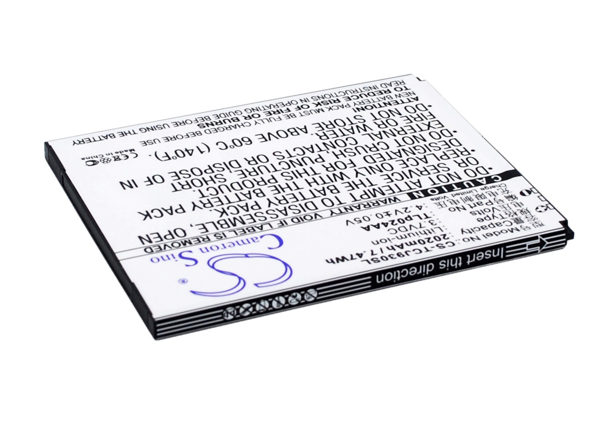 3.7V, 2020mAh, Li-ion Battery fits Tcl, J930, J930t, 7.474Wh