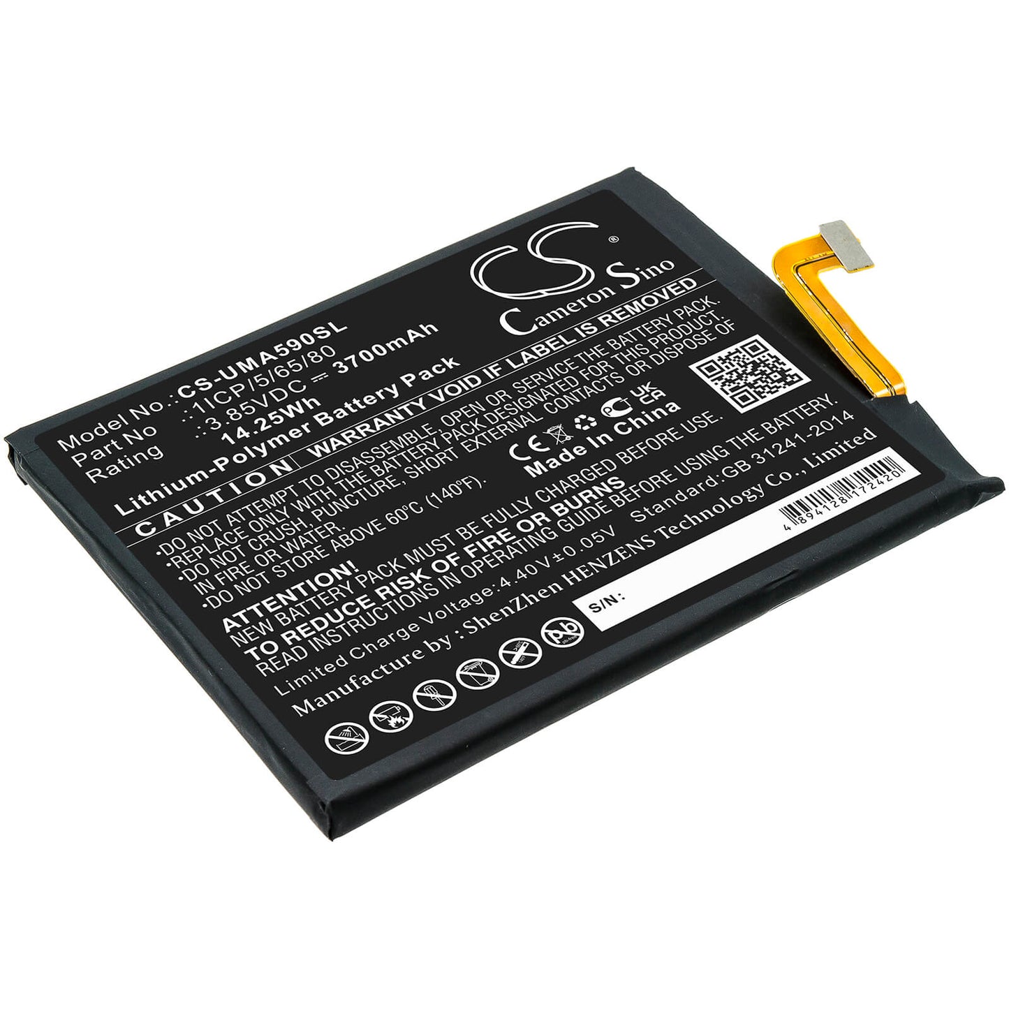 3.85V, 3700mAh, Li-Polymer Battery fits Umi, Umidigi A9 Pro, 14.245Wh