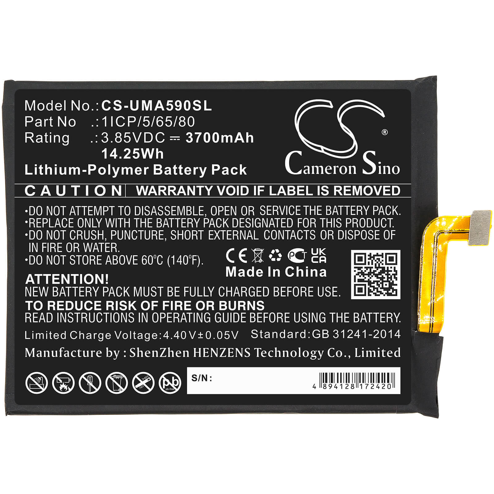 3.85V, 3700mAh, Li-Polymer Battery fits Umi, Umidigi A9 Pro, 14.245Wh