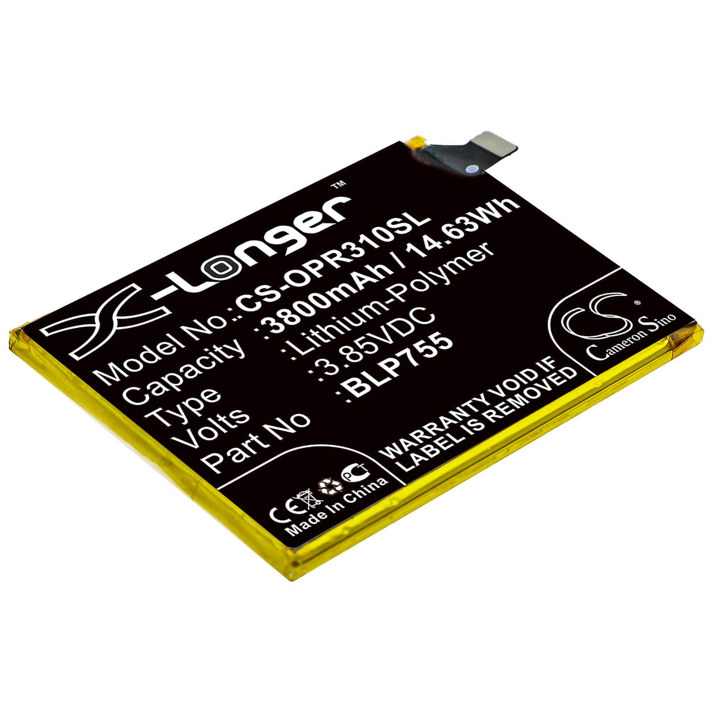 3.85V, 3800mAh, Li-Polymer Battery fits Oppo, Pclm50, Pdct00, 14.63Wh