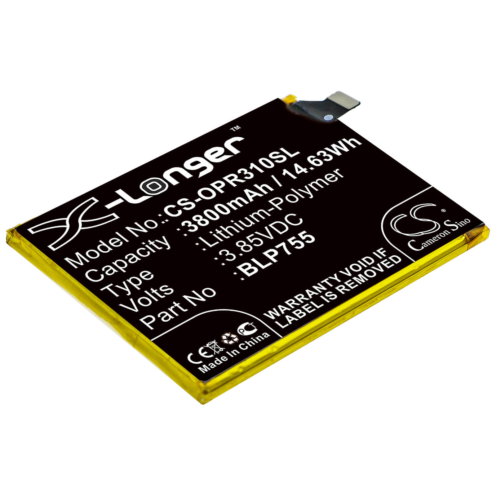 3.85V, 3800mAh, Li-Polymer Battery fits Oppo, Pclm50, Pdct00, 14.63Wh
