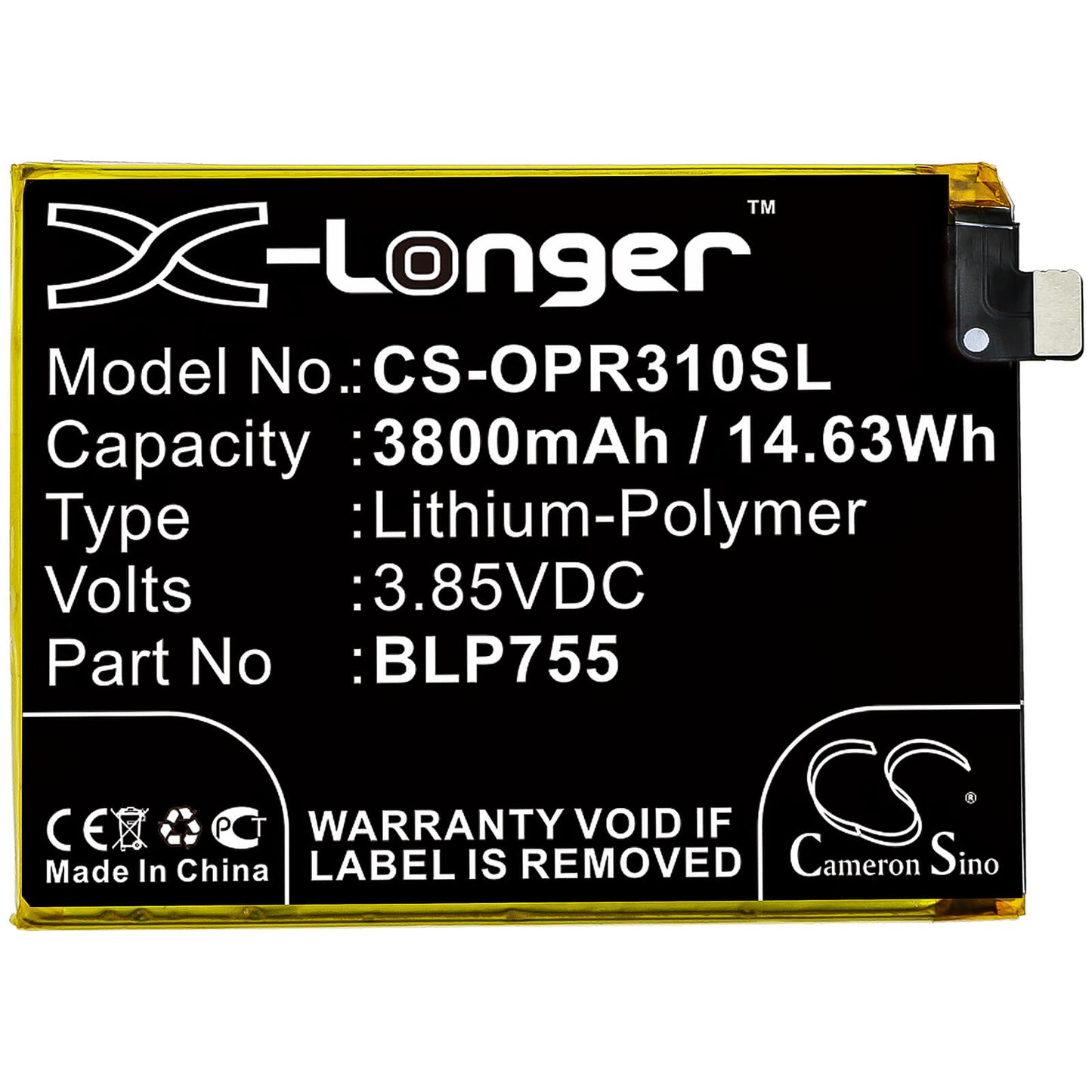 3.85V, 3800mAh, Li-Polymer Battery fits Oppo, Pclm50, Pdct00, 14.63Wh