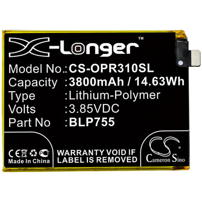 3.85V, 3800mAh, Li-Polymer Battery fits Oppo, Pclm50, Pdct00, 14.63Wh