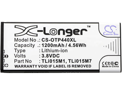 3.8V, 1200mAh, Li-ion Battery fits Alcatel, One Touch Pixi 4 4.0, Ot-4034, 4.56Wh