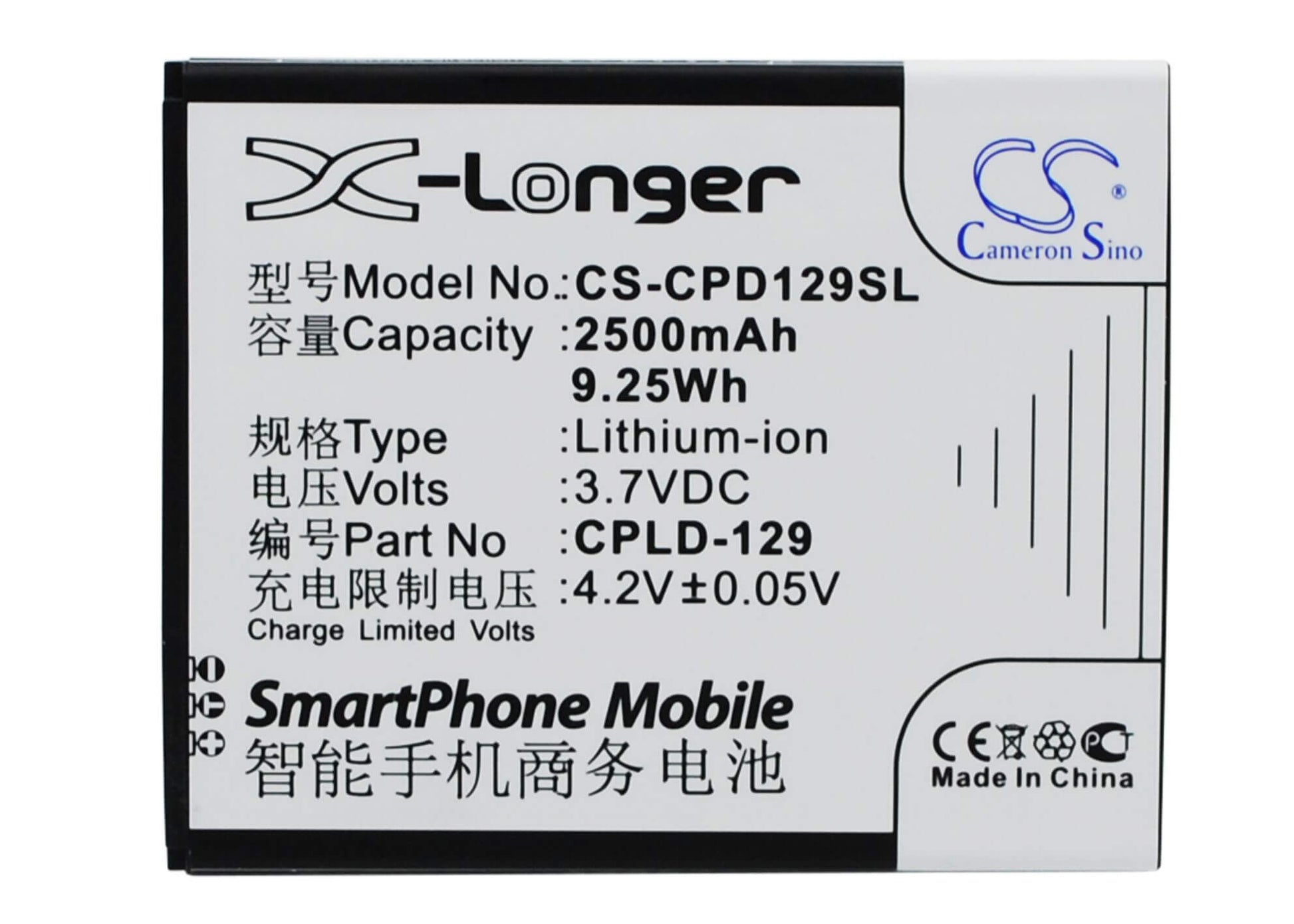 3.7V, 2500mAh, Li-ion Battery fits Coolpad, 5315, 9.25Wh