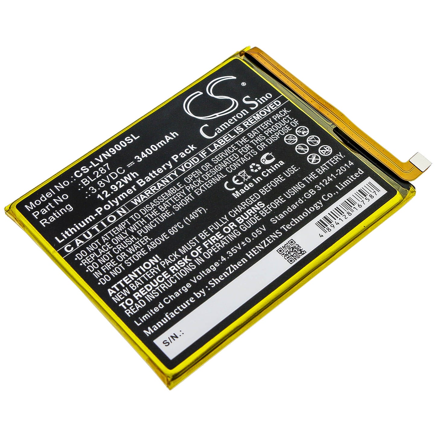 3.8V, 3400mAh, Li-Polymer Battery fits Lenovo, K9 Note, 12.92Wh