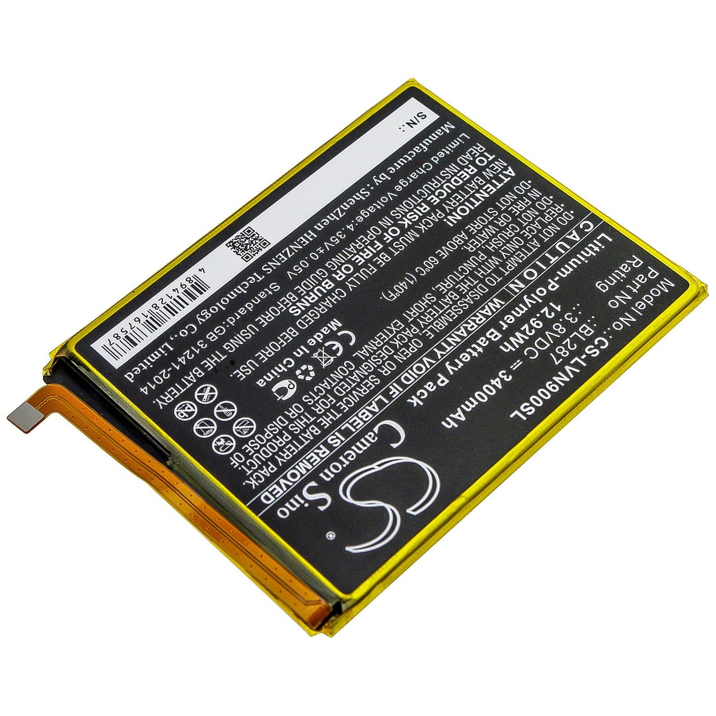 3.8V, 3400mAh, Li-Polymer Battery fits Lenovo, K9 Note, 12.92Wh