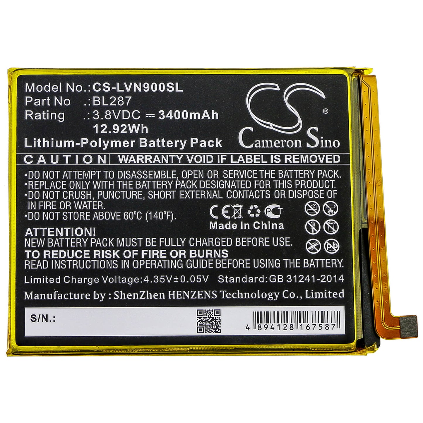 3.8V, 3400mAh, Li-Polymer Battery fits Lenovo, K9 Note, 12.92Wh
