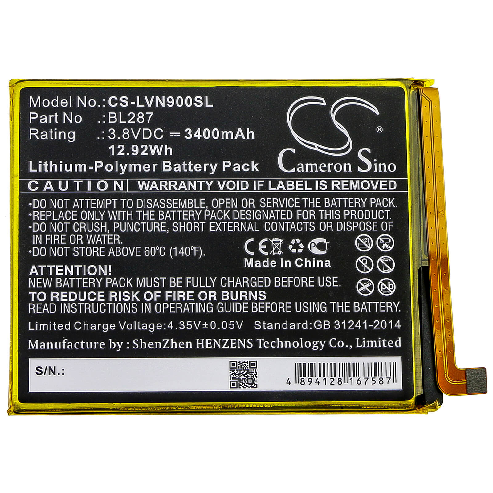 3.8V, 3400mAh, Li-Polymer Battery fits Lenovo, K9 Note, 12.92Wh