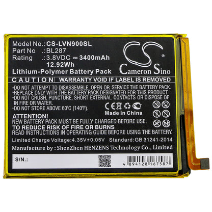 3.8V, 3400mAh, Li-Polymer Battery fits Lenovo, K9 Note, 12.92Wh