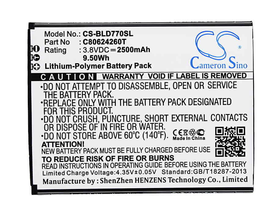 3.8V, 2500mAh, Li-Polymer Battery fits Blu, D770u, Studio X Plus, 9.5Wh
