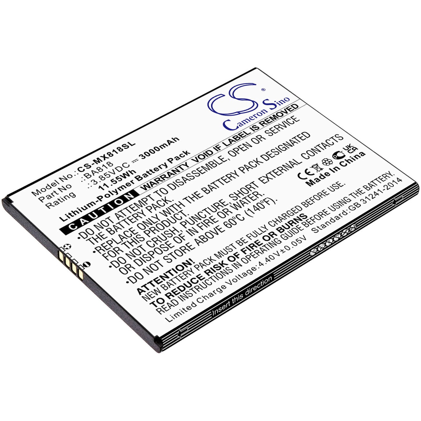 3.85V, 3000mAh, Li-Polymer Battery fits Meizu, C9, C9 Pro, 11.55Wh