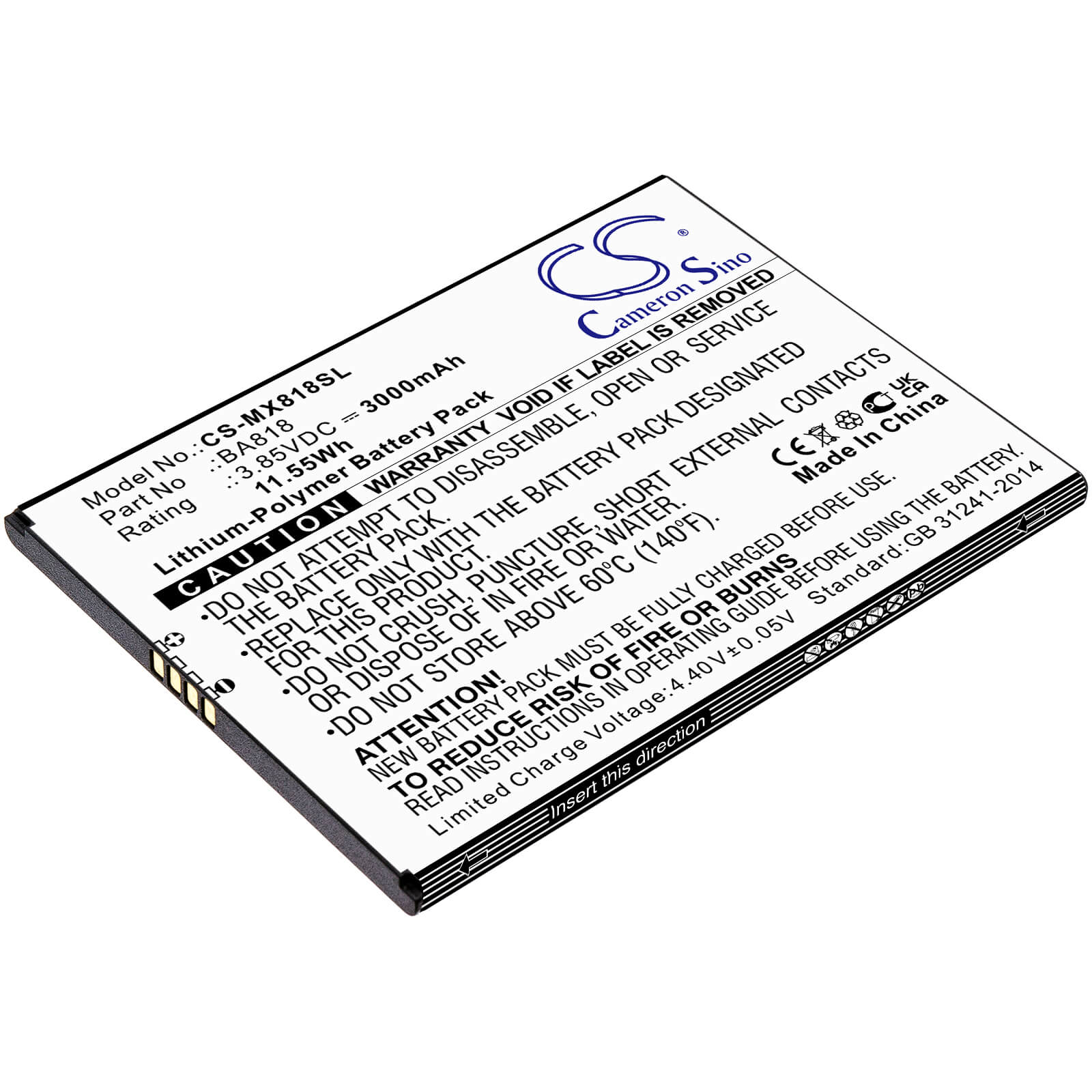 3.85V, 3000mAh, Li-Polymer Battery fits Meizu, C9, C9 Pro, 11.55Wh
