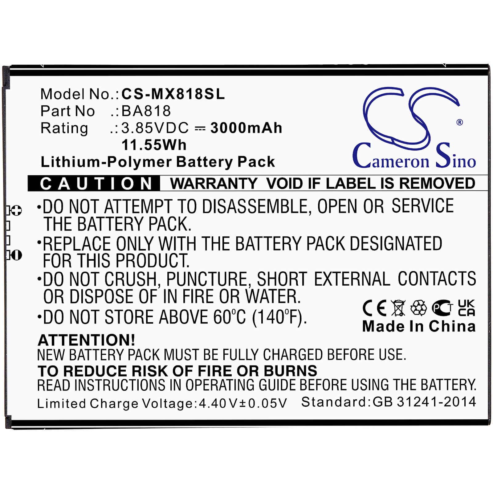 3.85V, 3000mAh, Li-Polymer Battery fits Meizu, C9, C9 Pro, 11.55Wh